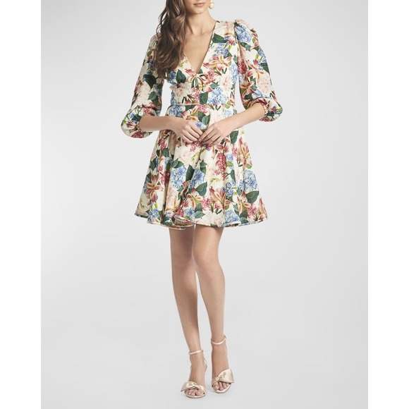 Sachin & Babi Dolce Dress Sz 8 Antico Botanico Floral Puff Sleeve Fit & Flare - Picture 1 of 10